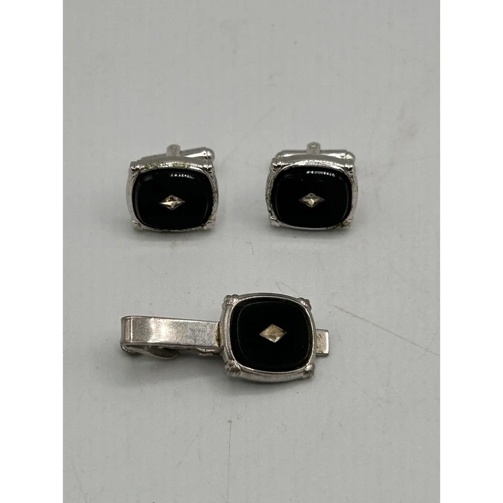 VIntage Shields Mens Cufflinks & Tie Tack Black Glass Diamond Chip‎ Silver Tone